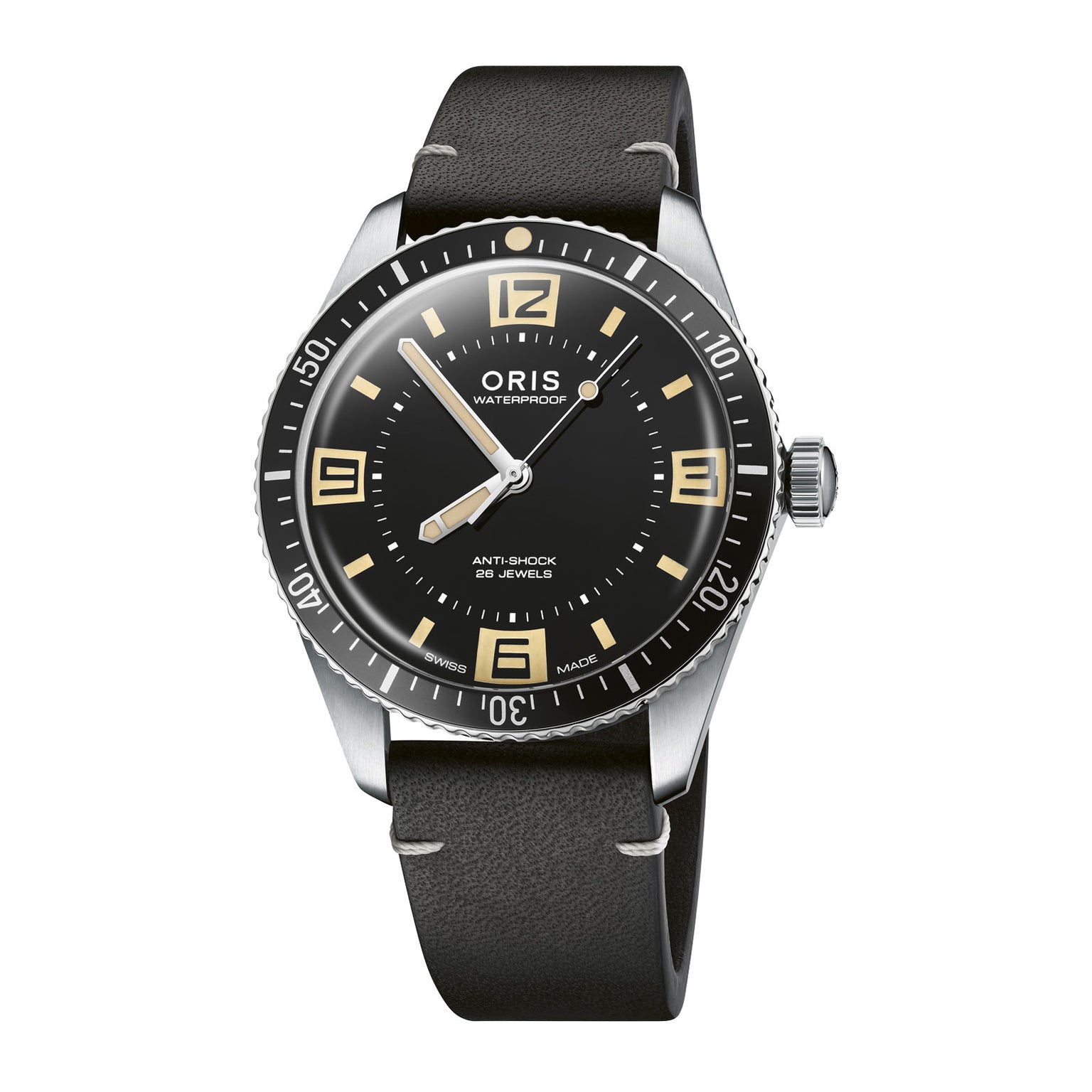 The Oris 60th Anniversary Edition is a Swiss Made automatic dive watch with a black round dial, luminous hands and markers, black rotating bezel, and black leather strap.