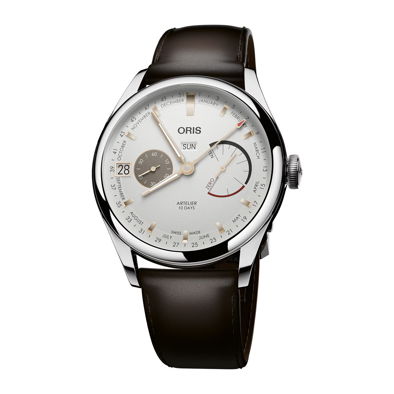 Oris watch with black leather strap and white face on a white background