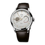 Oris watch with black leather strap and white face on a white background