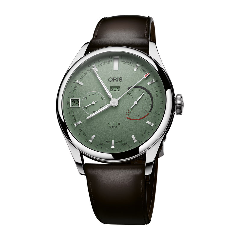 Oris watch with green dial and black leather strap on a white background