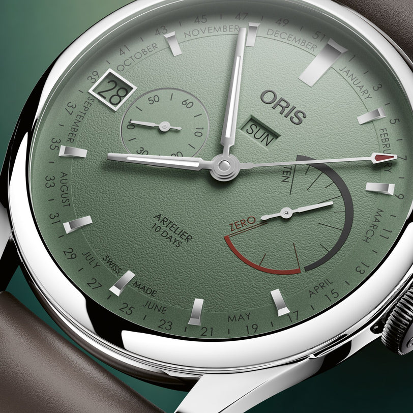 Oris watch with green dial and brown strap on a dark background