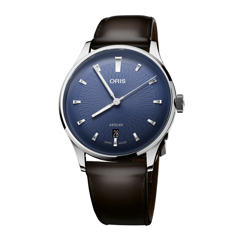 Oris watch with blue dial and black leather strap on a white background