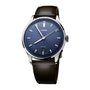 Oris watch with blue dial and black leather strap on a white background