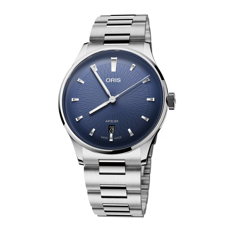 Silver Oris watch with blue dial on a white background