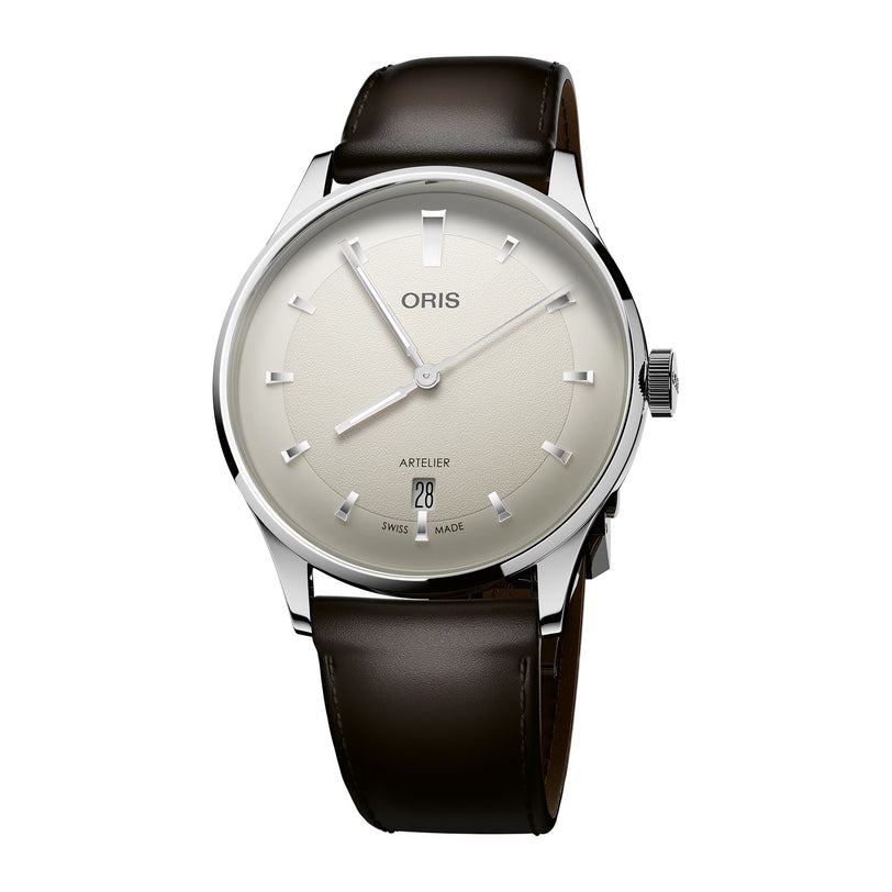 Oris watch with black leather strap and silver case on white background