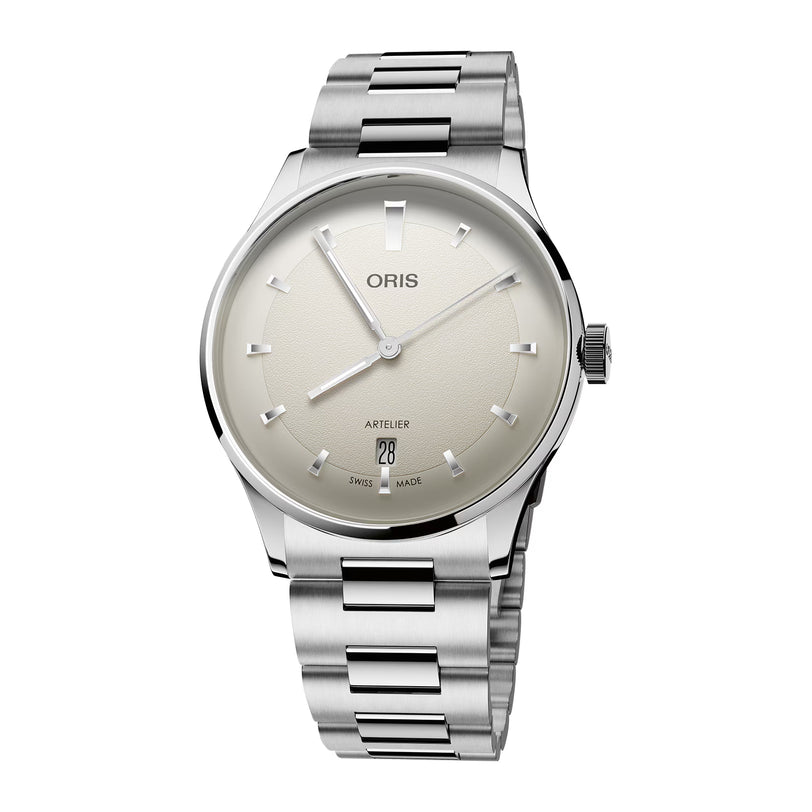 Silver Oris watch with a white face on a white background
