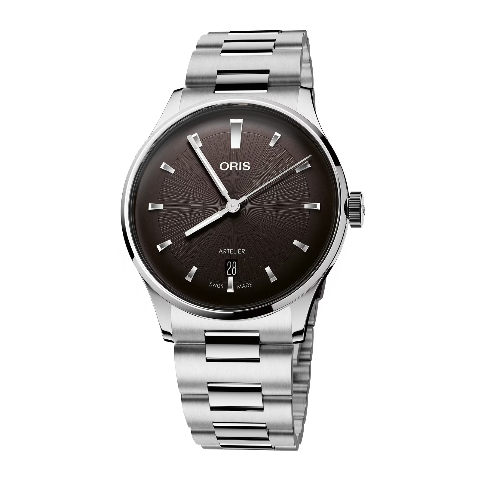 Silver Oris watch with a dark brown dial on a white background