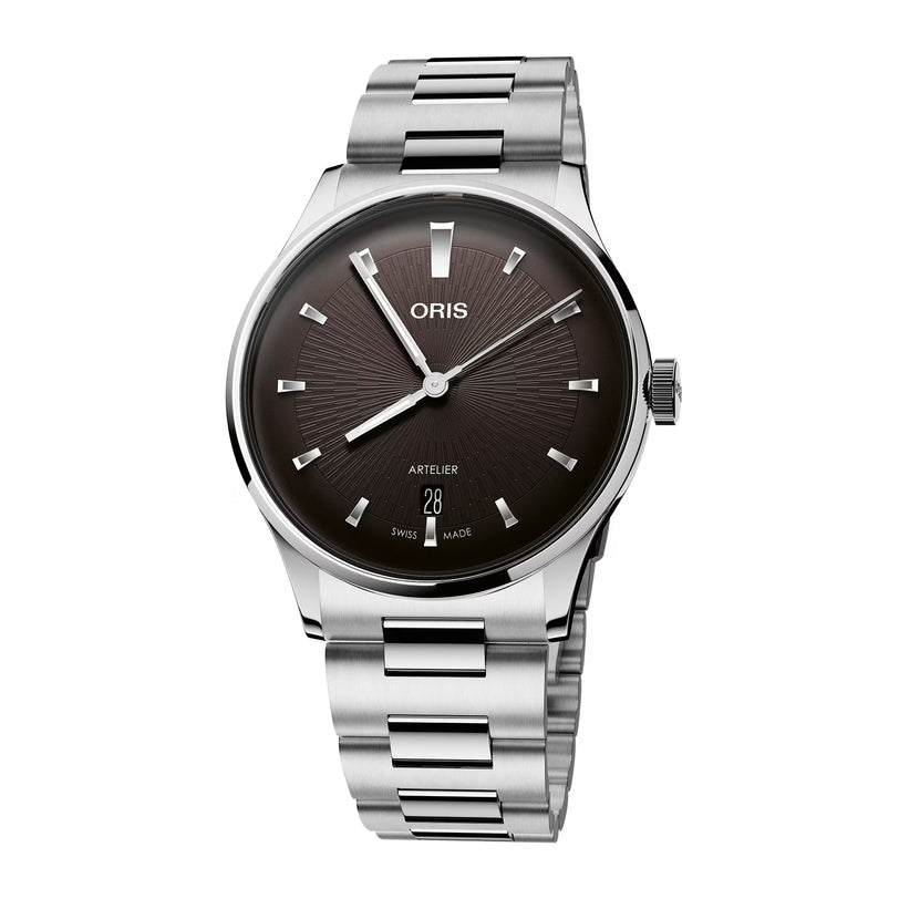 Silver Oris watch with a dark brown dial on a white background