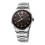 Silver Oris watch with a dark brown dial on a white background