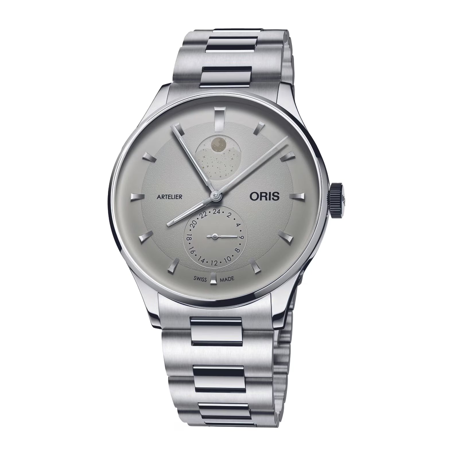 Stainless steel watch with silver dial, moon phase subdial, date window, and matching bracelet band.