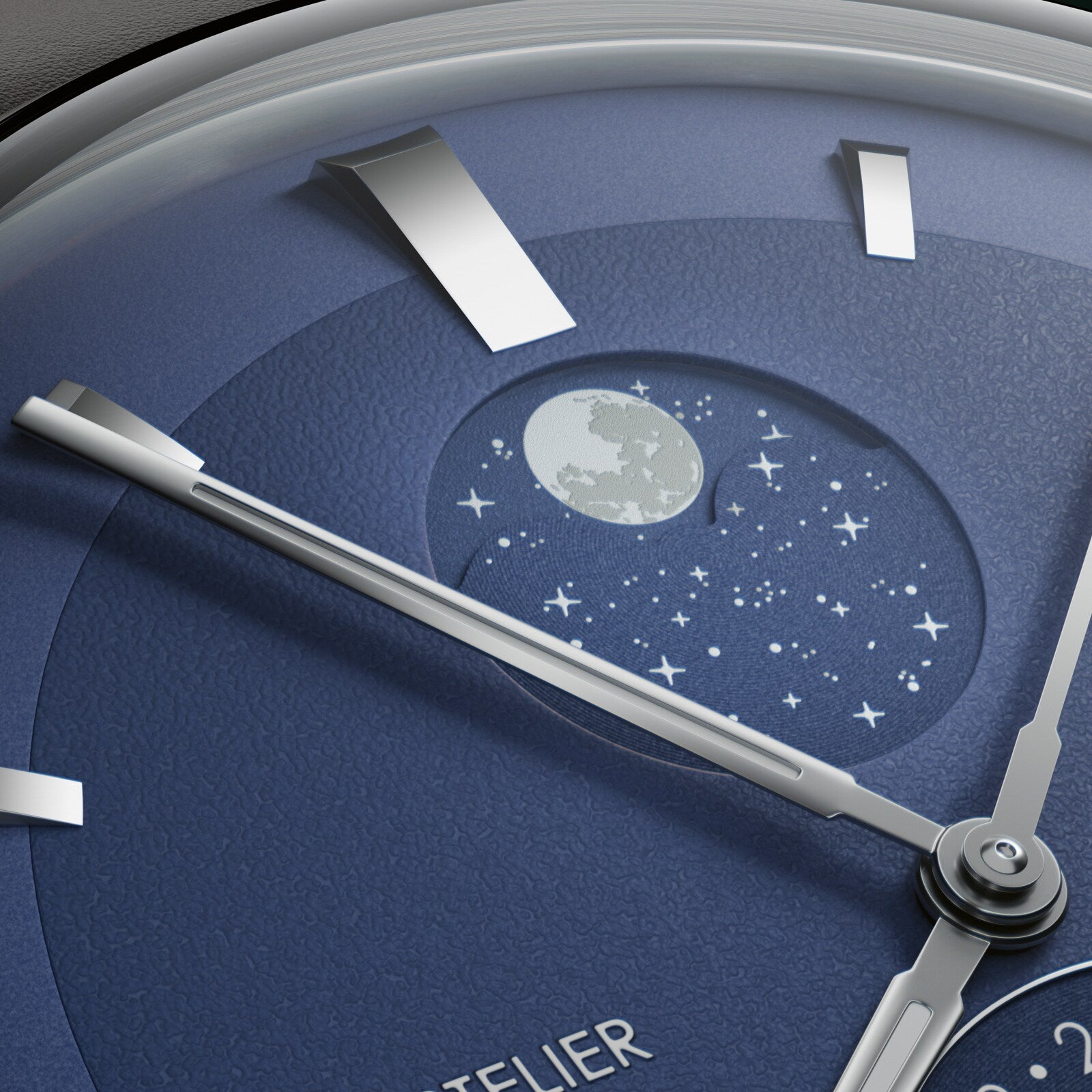 Watch dial with blue face featuring moonphase complication displaying full moon and stars, silver hands and hour markers.