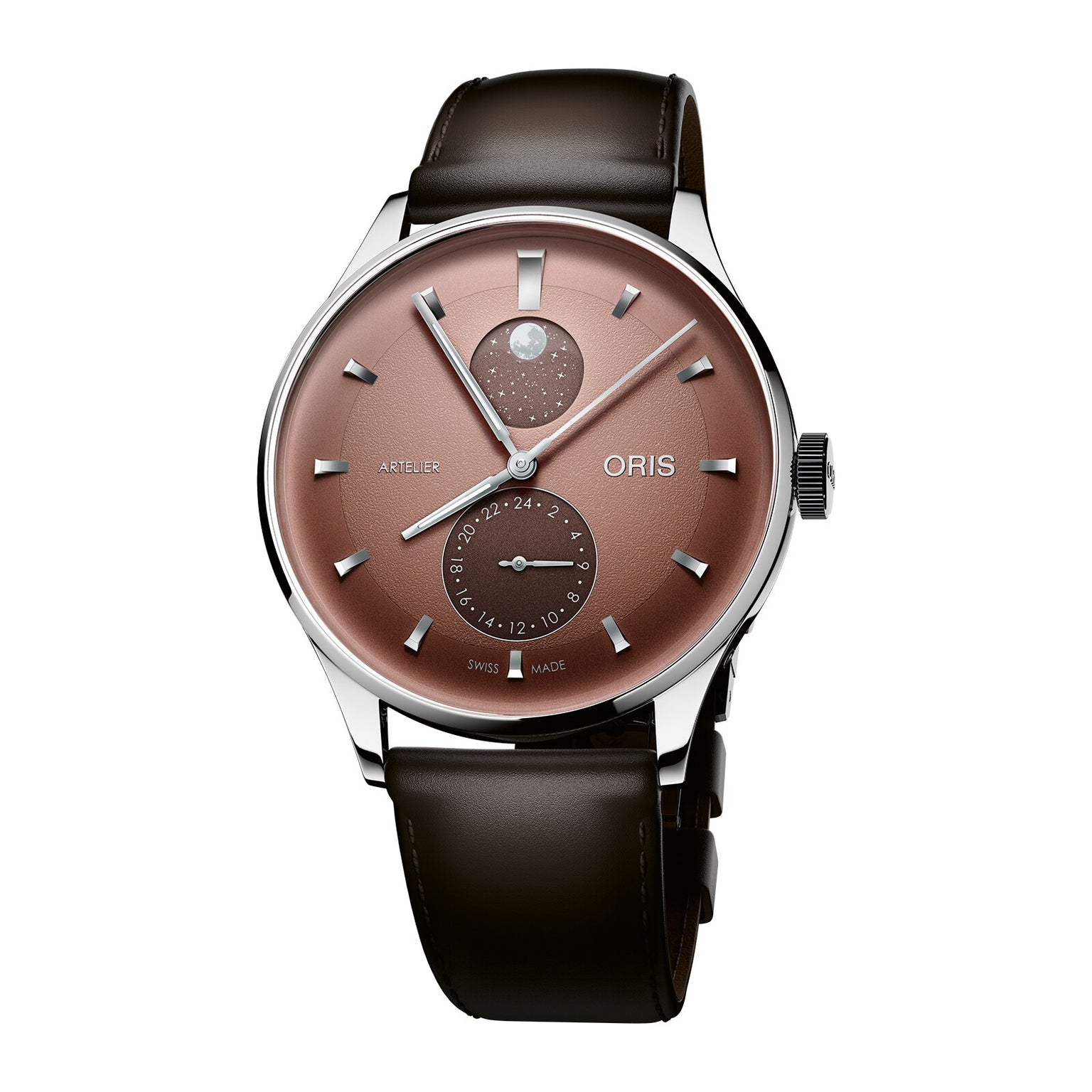 Silver and rose gold watch with moonphase subdial, brown leather strap, and secondary dial showing date and time complication