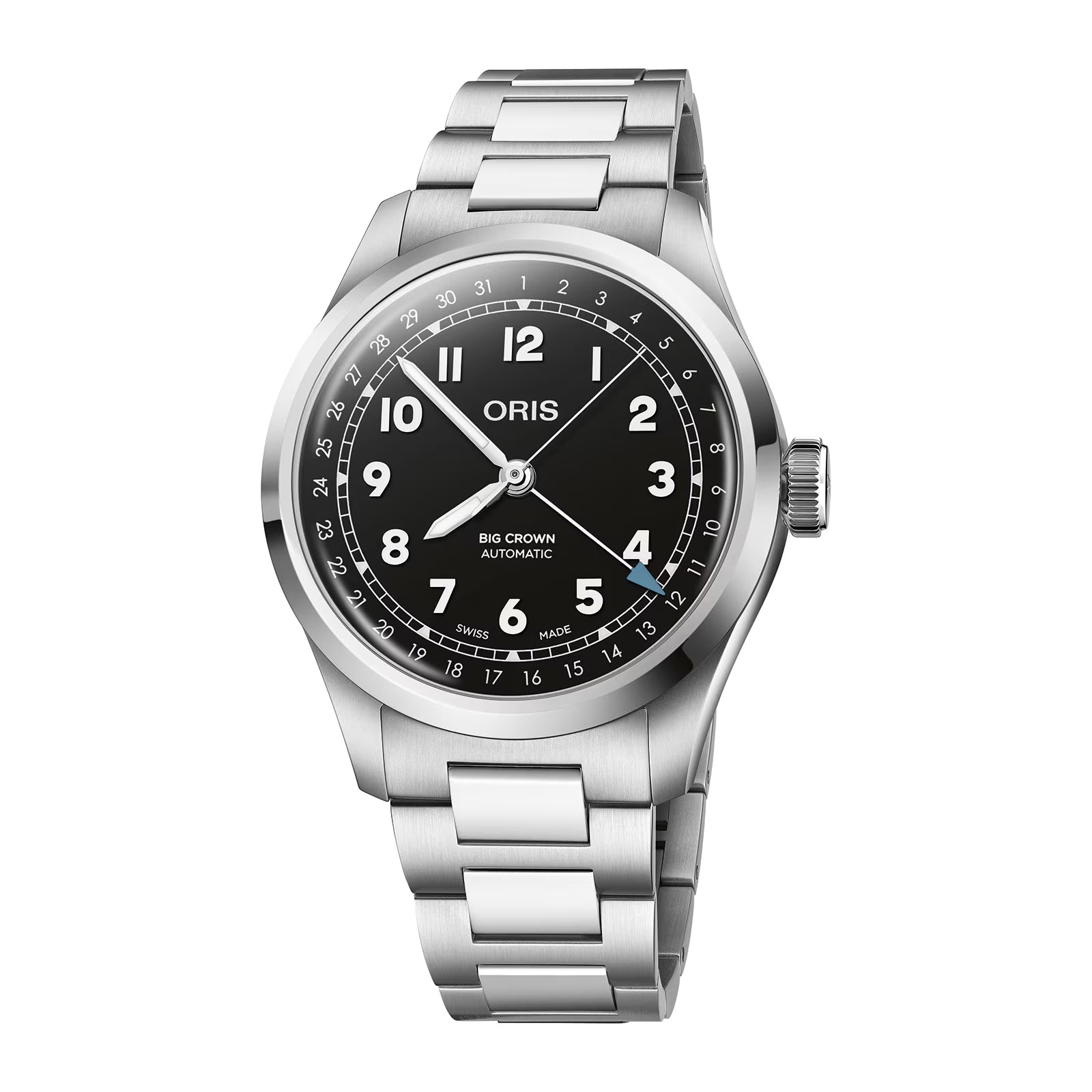 Stainless steel watch with black dial, Arabic numerals, date window, and metal bracelet.