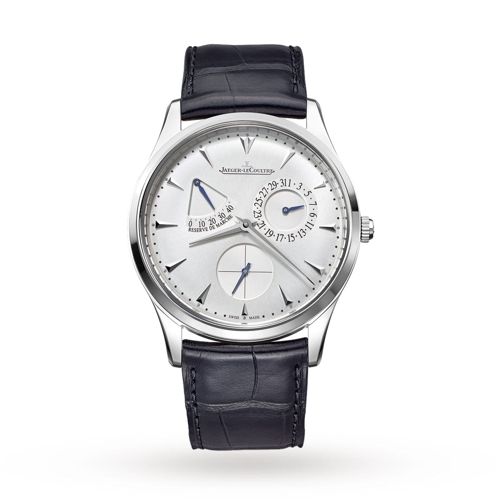 The Jaeger-LeCoultre Master Ultra Thin Reserve De Marche is a silver luxury wristwatch featuring a white dial, blue hands, black leather strap, and subdials for power reserve and date. Its ultra-thin automatic movement exudes refined elegance.