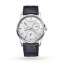 The Jaeger-LeCoultre Master Ultra Thin Reserve De Marche is a silver luxury wristwatch featuring a white dial, blue hands, black leather strap, and subdials for power reserve and date. Its ultra-thin automatic movement exudes refined elegance.