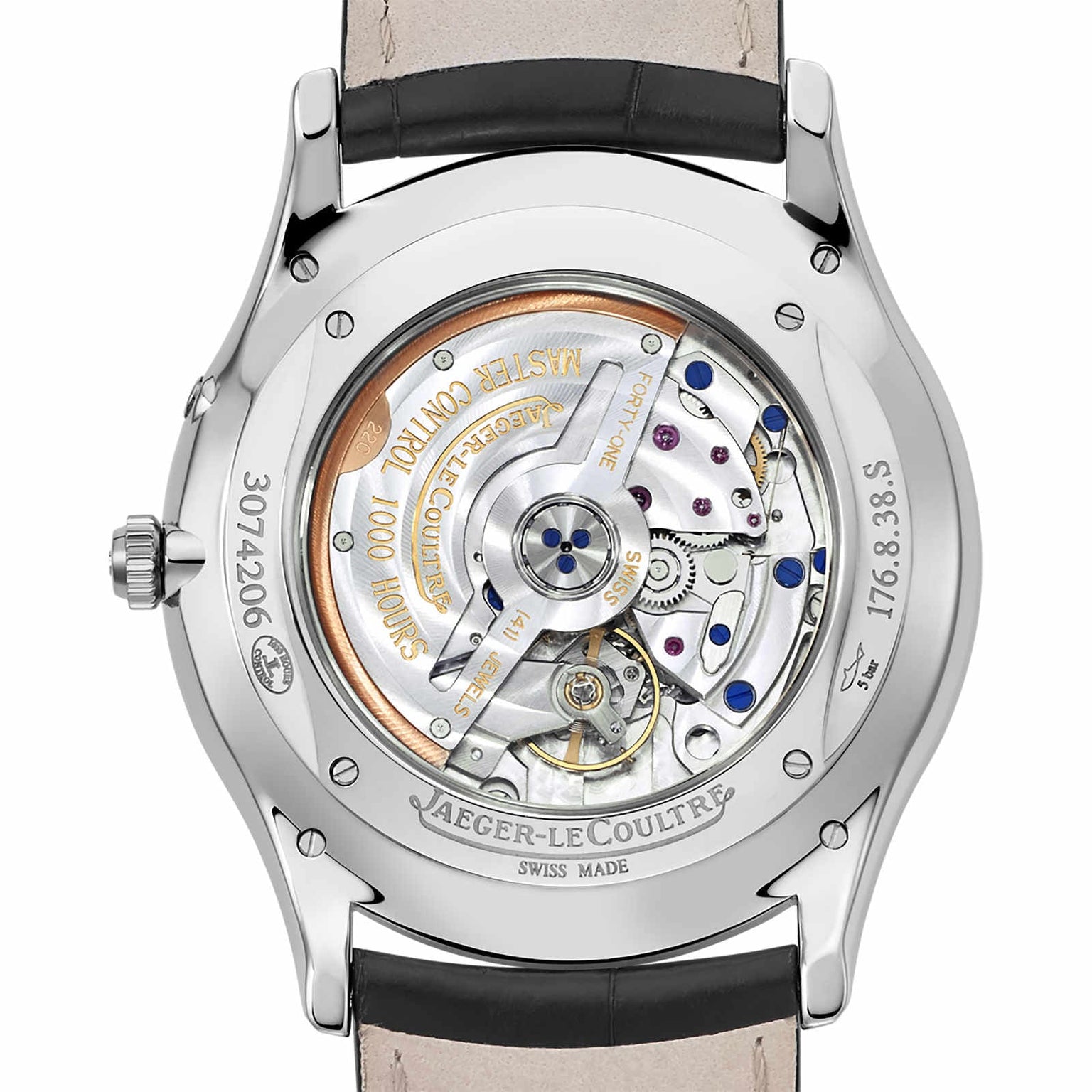 The Master Ultra Thin Reserve De Marche by Jaeger-LeCoultre features a transparent case back revealing its intricate automatic movement, detailed engravings, and is elegantly paired with a black leather strap.