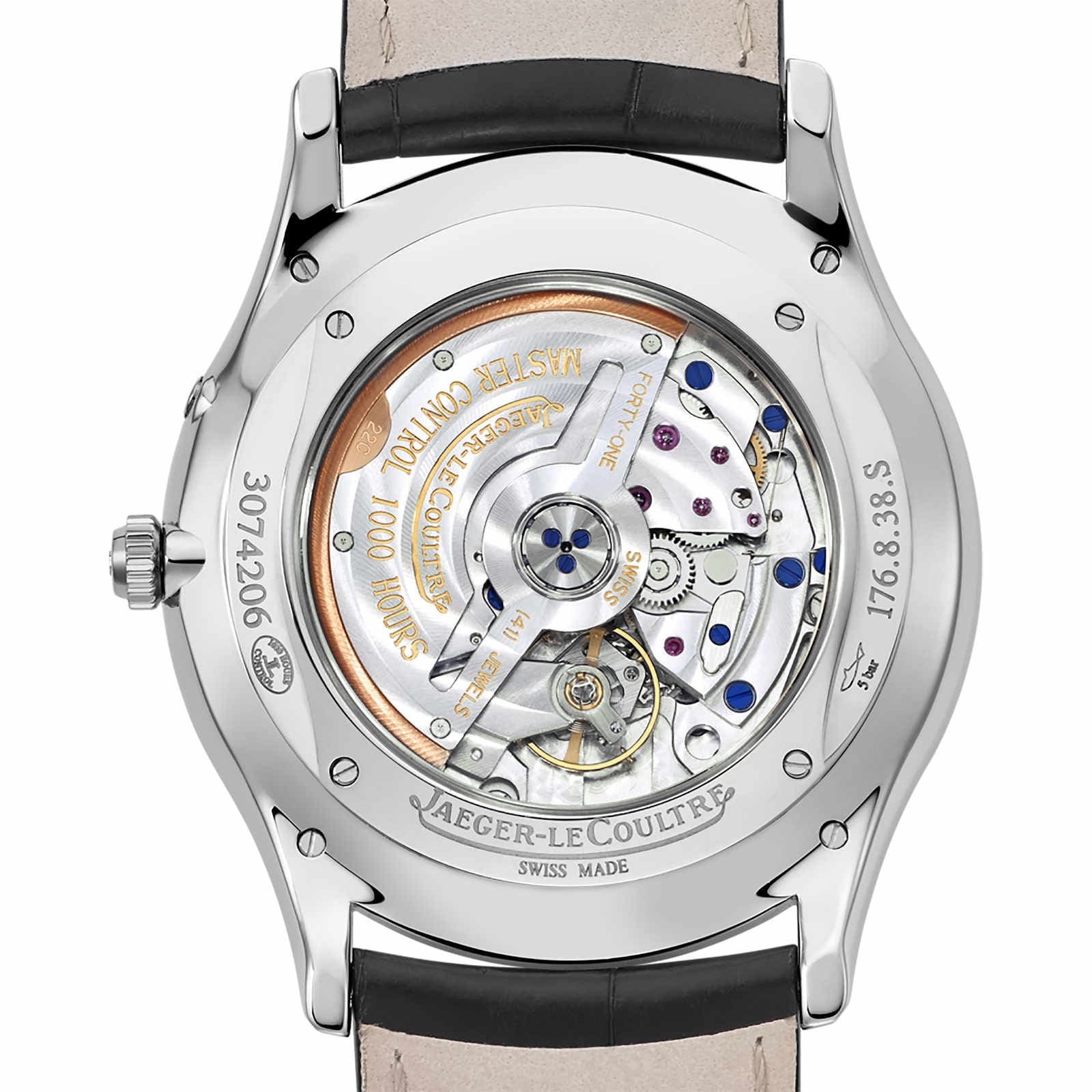 The Master Ultra Thin Reserve De Marche by Jaeger-LeCoultre features a transparent case back revealing its intricate automatic movement, detailed engravings, and is elegantly paired with a black leather strap.