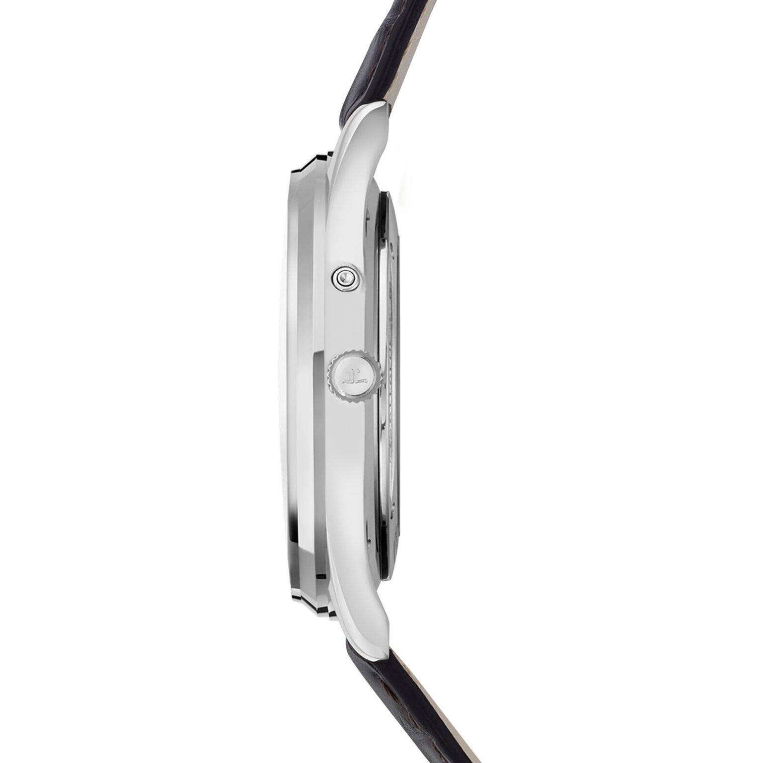 Side view of the Jaeger-LeCoultre Master Ultra Thin Reserve De Marche, featuring a silver case, crown, and black leather strap that highlight its minimalist design and ultra-slim profile.