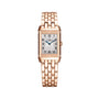 The Jaeger-LeCoultre Reverso Classic Duetto features a rectangular pink gold case, woven metal band, silver dial with black numerals, and blue sword-shaped hands, shown on a white background.