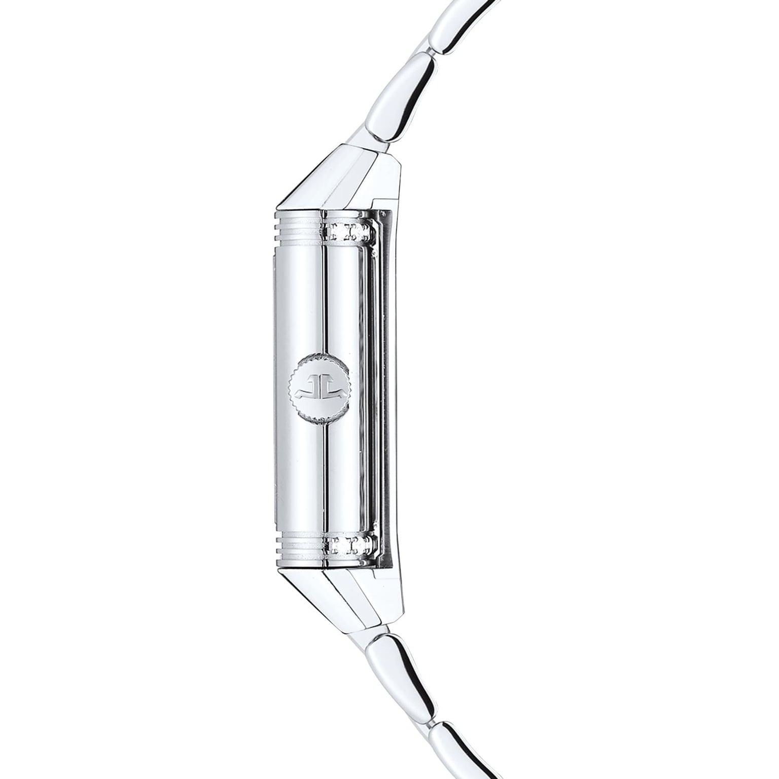 Side view of the Jaeger-LeCoultre Reverso Classic ladies’ watch with a polished silver case, diamond bezel, and matching bracelet—engraved details and logo on the side evoke timeless elegance.