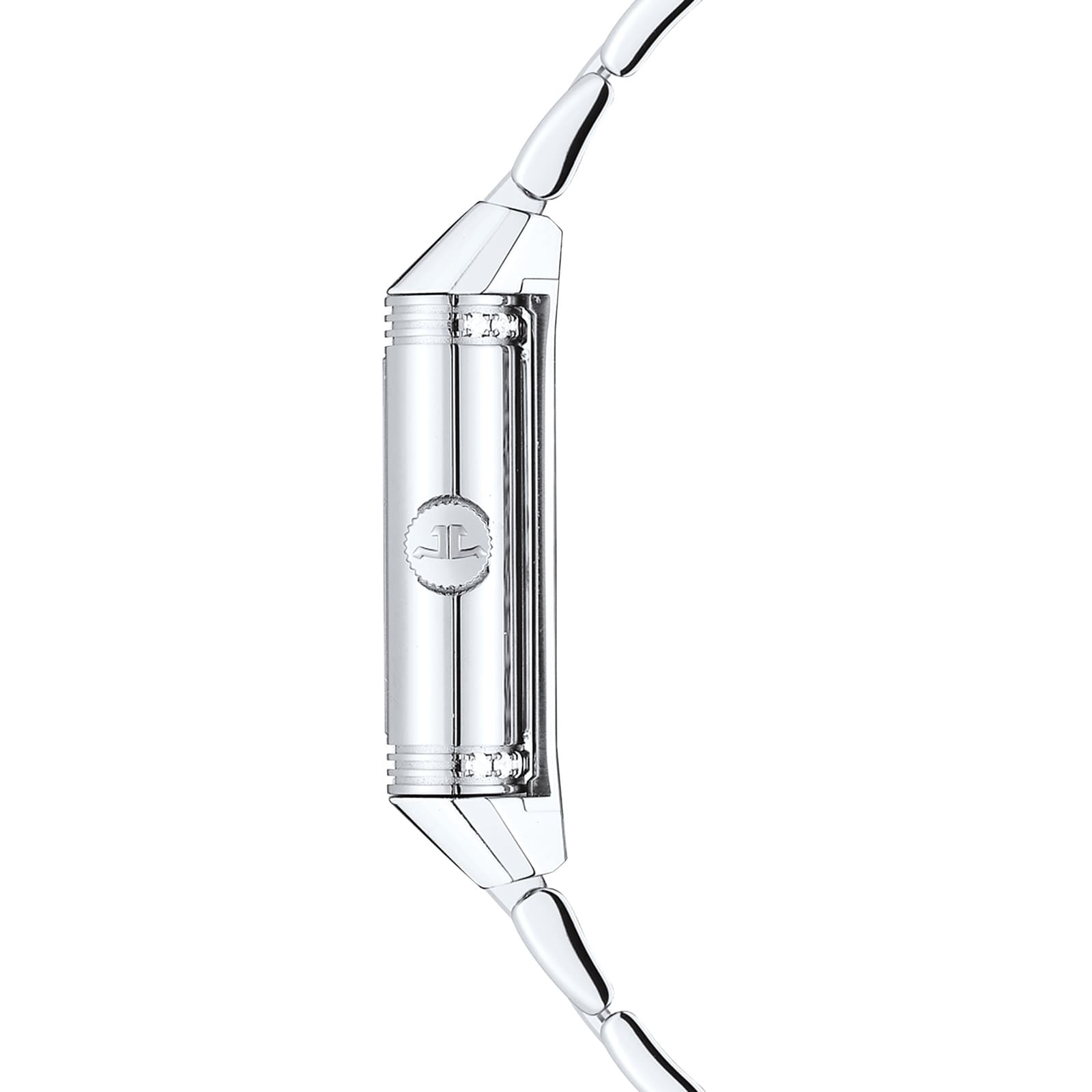 Side view of the Jaeger-LeCoultre Reverso Classic ladies’ watch with a polished silver case, diamond bezel, and matching bracelet—engraved details and logo on the side evoke timeless elegance.