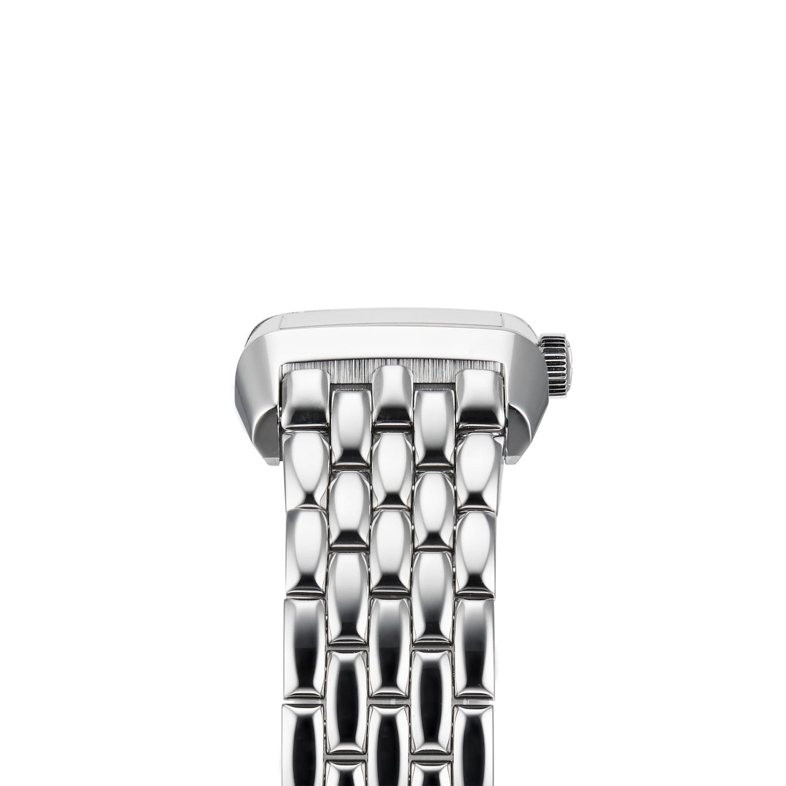 A side view shows the Jaeger-LeCoultre Reverso Classic ladies’ watch in silver metal with a shiny, textured link band, diamond bezel, and rectangular case against a white background.