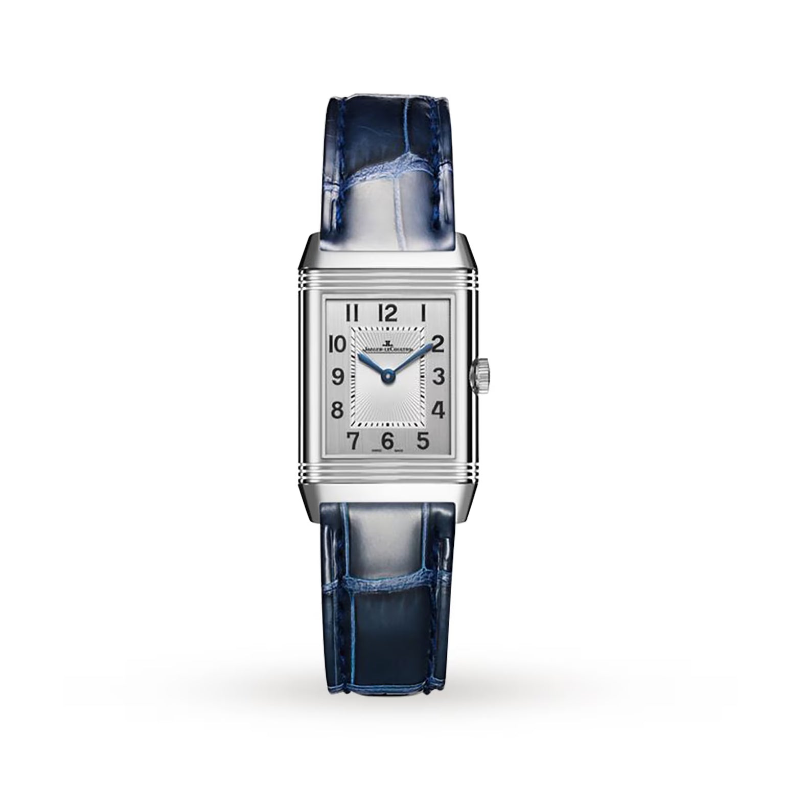 The Jaeger-LeCoultre Reverso Small Duetto is a rectangular silver wristwatch with a white dial, blue hands, black Arabic numerals, and a shiny dark blue leather strap—an enduring choice among classic timepieces.