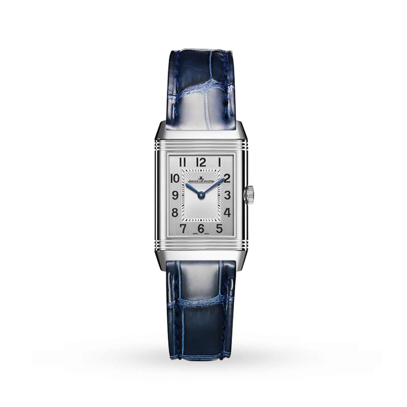 The Jaeger-LeCoultre Reverso Small Duetto is a rectangular silver wristwatch with a white dial, blue hands, black Arabic numerals, and a shiny dark blue leather strap—an enduring choice among classic timepieces.