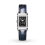 The Jaeger-LeCoultre Reverso Small Duetto is a luxury rectangular wristwatch with a black dial, silver accents, diamond-accented bezel, and blue alligator leather strap, shown on a white background.
