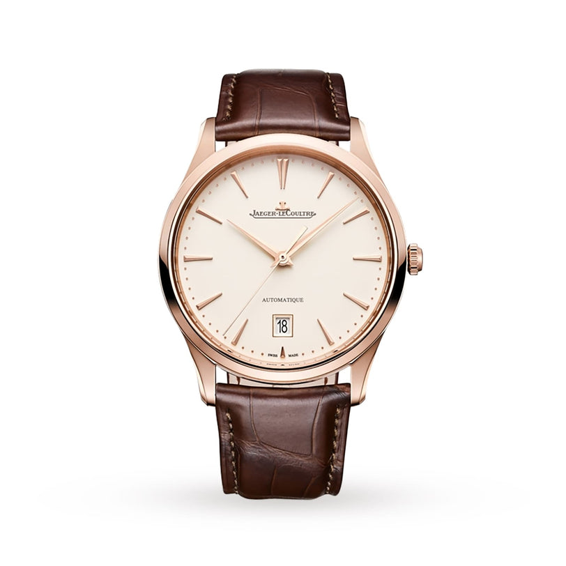 The Jaeger-LeCoultre Master Ultra Thin Date wristwatch features a brown leather strap, pink gold case, white dial, gold markers and hands, date at 6 o’clock, and the precise Jaeger-LeCoultre Caliber 899 movement.