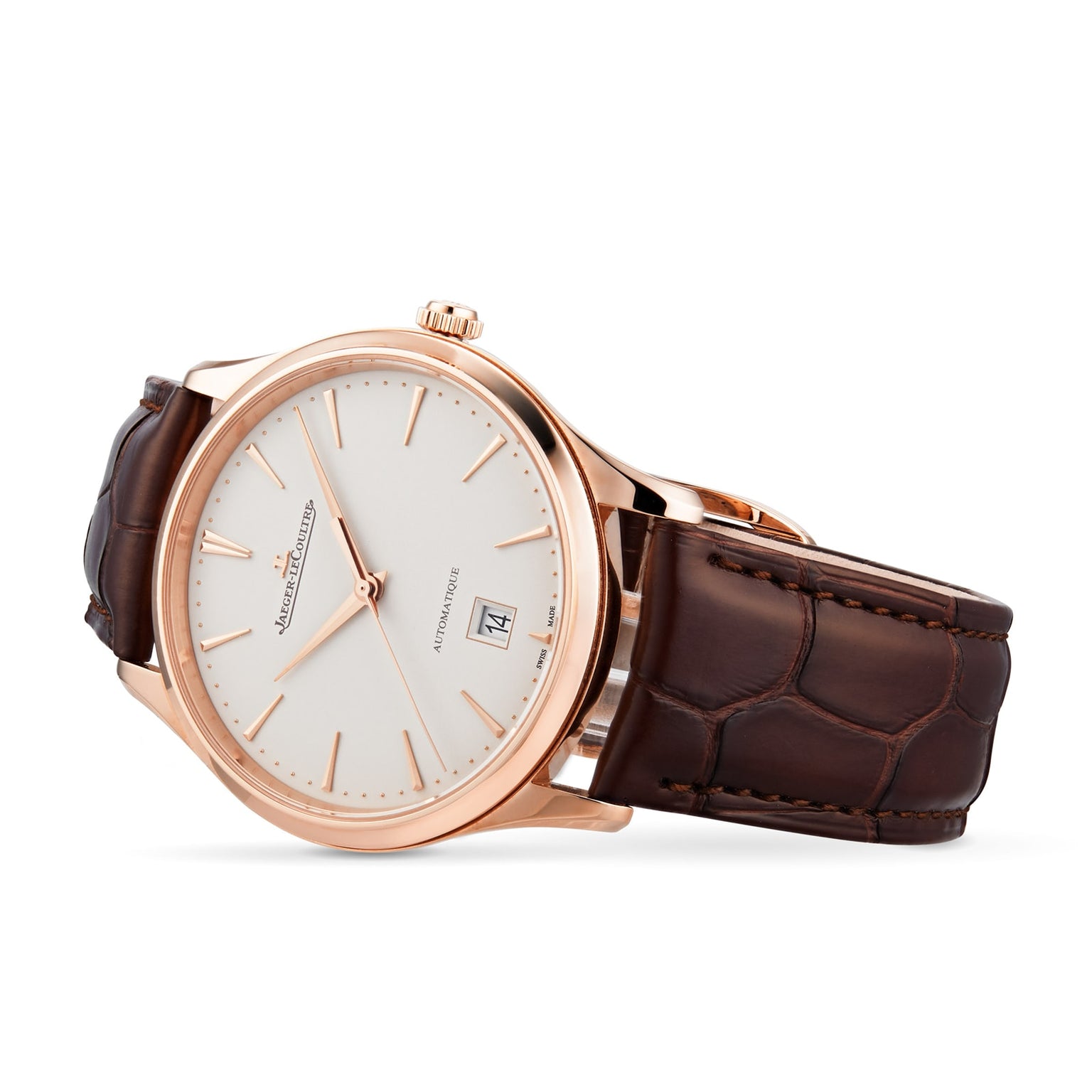 A Jaeger-LeCoultre Master Ultra Thin Date wristwatch with a gold case, white dial, brown leather strap, gold markers and hands, and a date window at 3 o'clock is photographed at an angle on a white background.