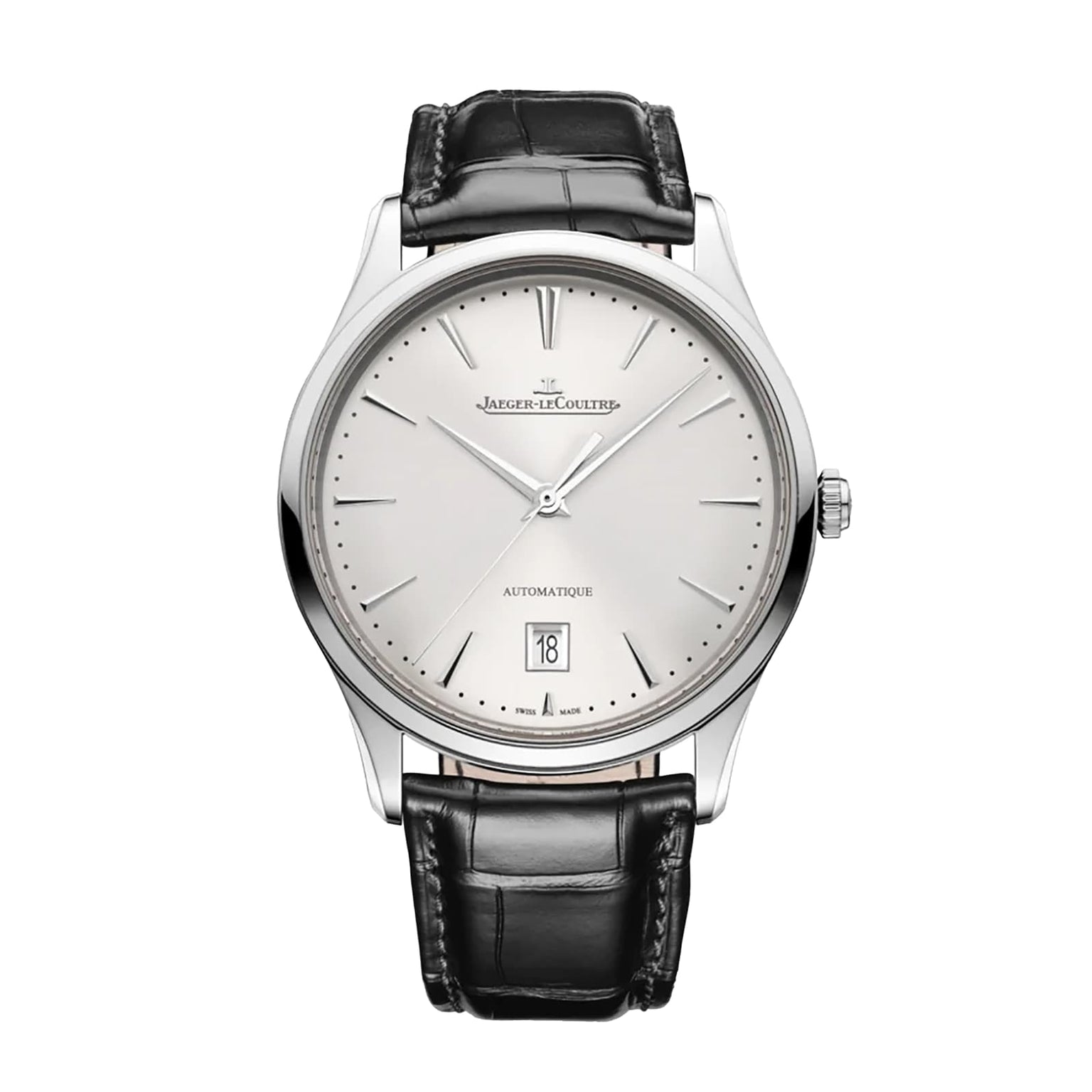 The Jaeger-LeCoultre Master Ultra Thin Date features a silver case, white dial, slim silver hour markers, date at 6 o’clock, and a black leather strap. This watch boasts a classic, minimalist ultra-thin design.