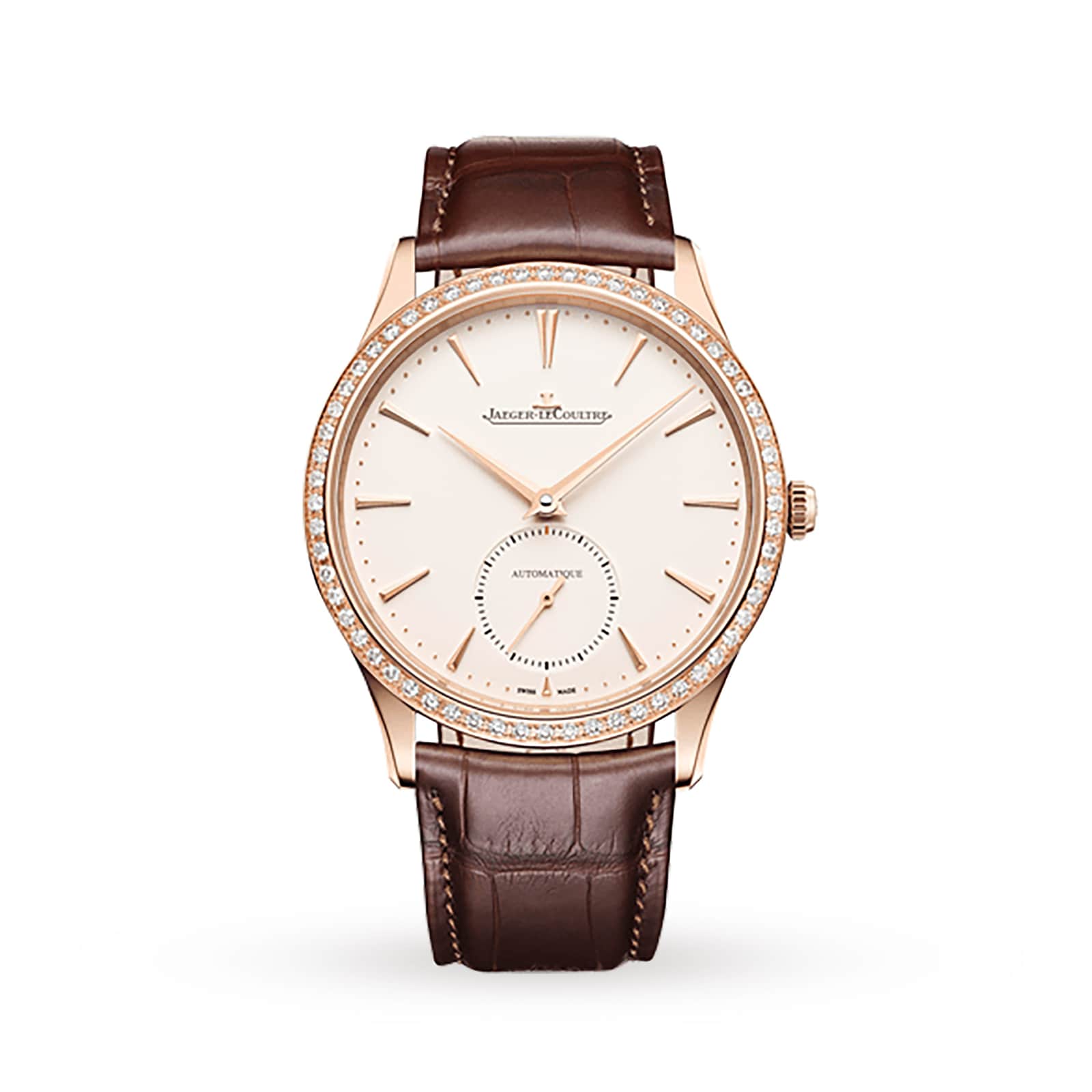 The Jaeger-LeCoultre Master Ultra Thin Small Seconds features a rose gold case, diamond bezel, white dial with gold hour markers, small seconds subdial at 6 o’clock, and a brown leather strap.