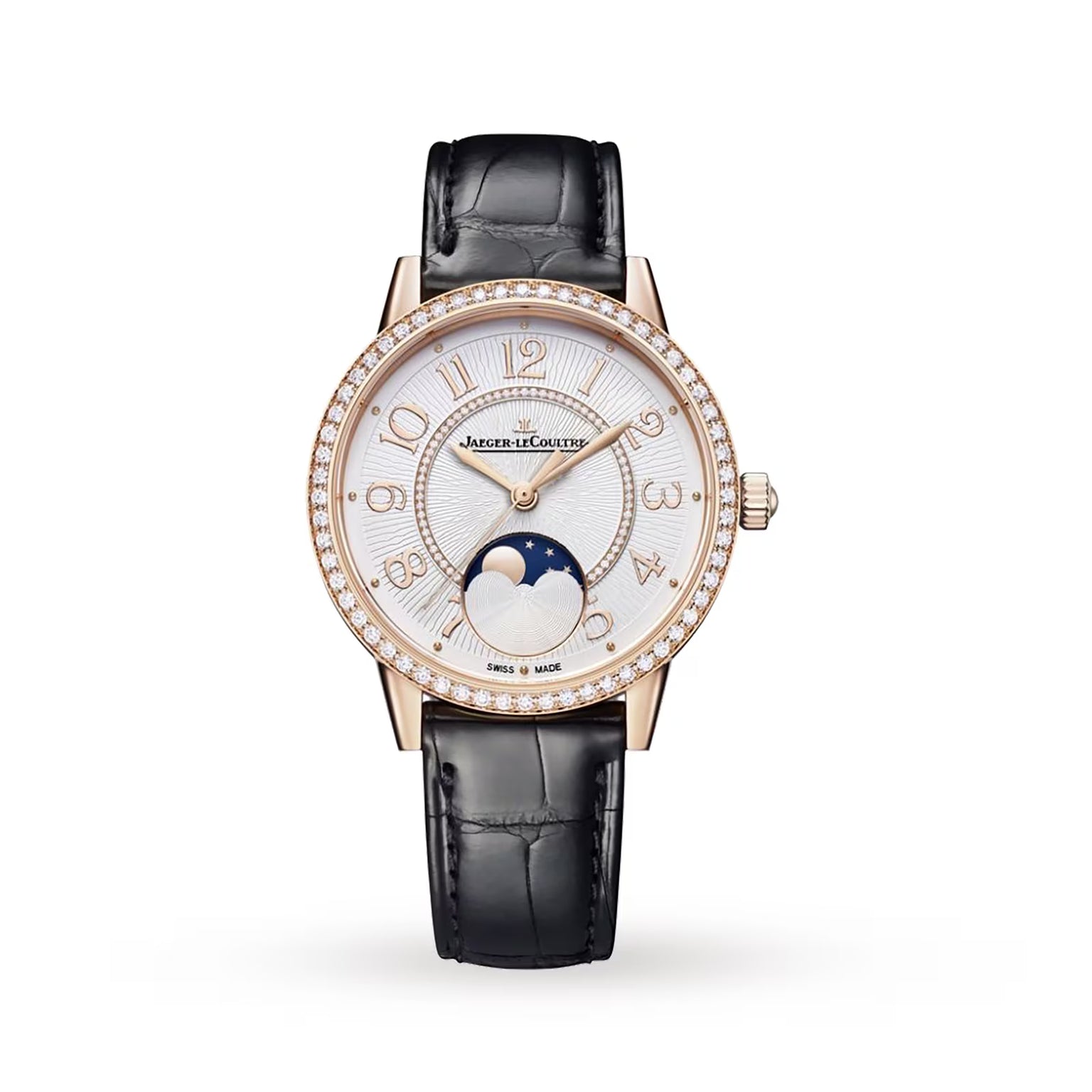 The Jaeger-LeCoultre Rendez-Vous Moon Medium is a luxury women's watch with a black leather strap, pink gold diamond-set case, white dial with gold numerals, and a moonphase display at 6 o’clock.