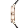 Side view of the Jaeger-LeCoultre Rendez-Vous Moon Medium, a luxury ladies' watch with round pink gold case, single crown, diamond-set bezel, and an elegant black leather strap.