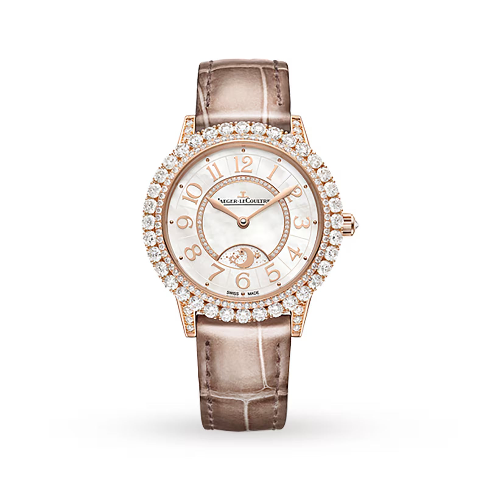 The Jaeger-LeCoultre Rendez-Vous Night & Day women’s watch features a mother-of-pearl dial, diamond-set pink gold bezel and case, and taupe alligator strap, elegantly displayed on a white background.