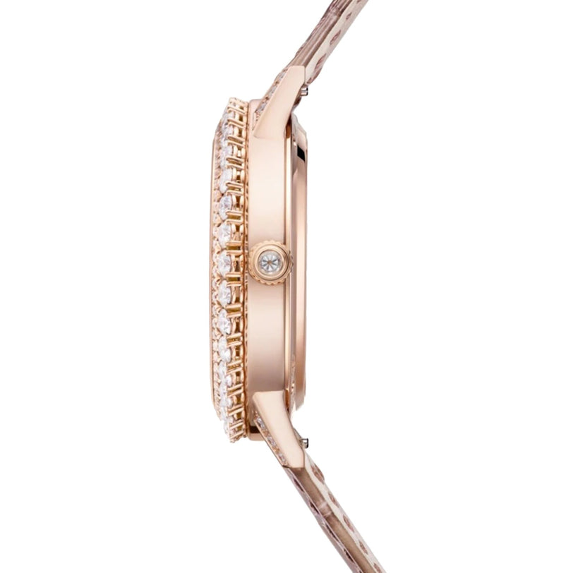 Side view of the Jaeger-LeCoultre Rendez-Vous Night & Day, a luxurious women’s watch in rose gold featuring a slim profile, diamond-set bezel, single-diamond crown, and an elegant metal link strap for a refined finish.