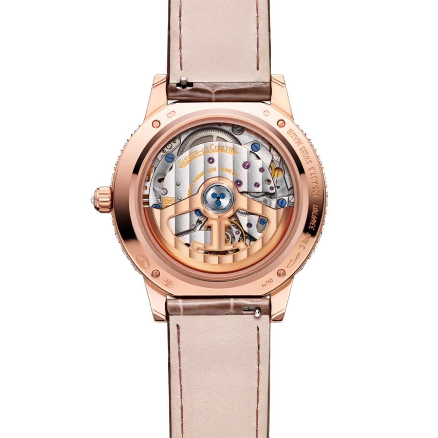 The back view of the Jaeger-LeCoultre Rendez-Vous Night & Day features a beige leather strap and rose gold case, showcasing intricate mechanical gears through its transparent caseback.