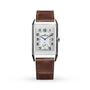 The Jaeger-LeCoultre Reverso Classic Large Small Seconds features a rectangular silver case, white textured dial with black Arabic numerals, blue hands, small seconds subdial, and a brown leather strap set against a plain white background.