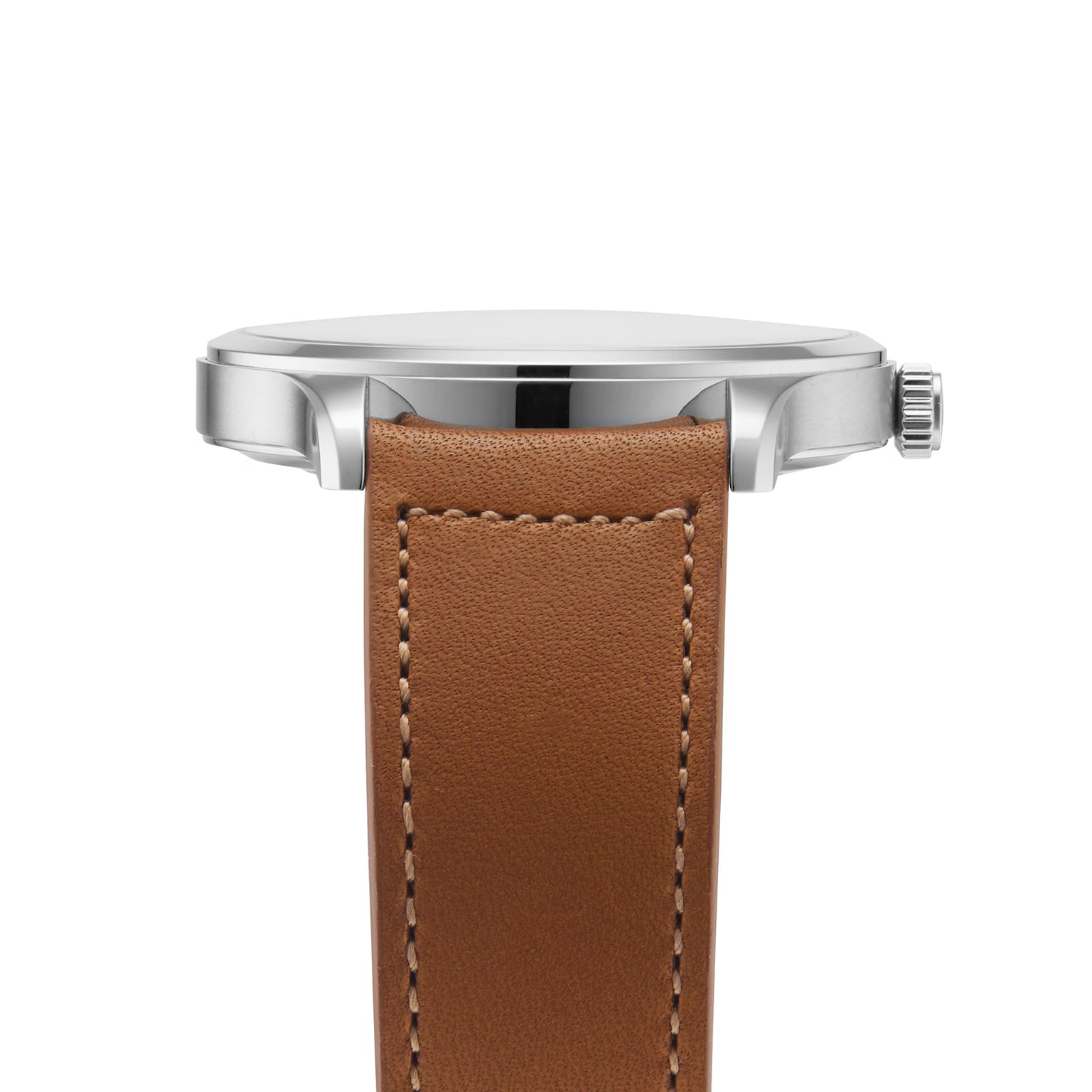 A side view of the Jaeger-LeCoultre Master Control Date shows its stainless steel case, plain crown, and brown leather strap with visible stitching. The watch face is not visible.