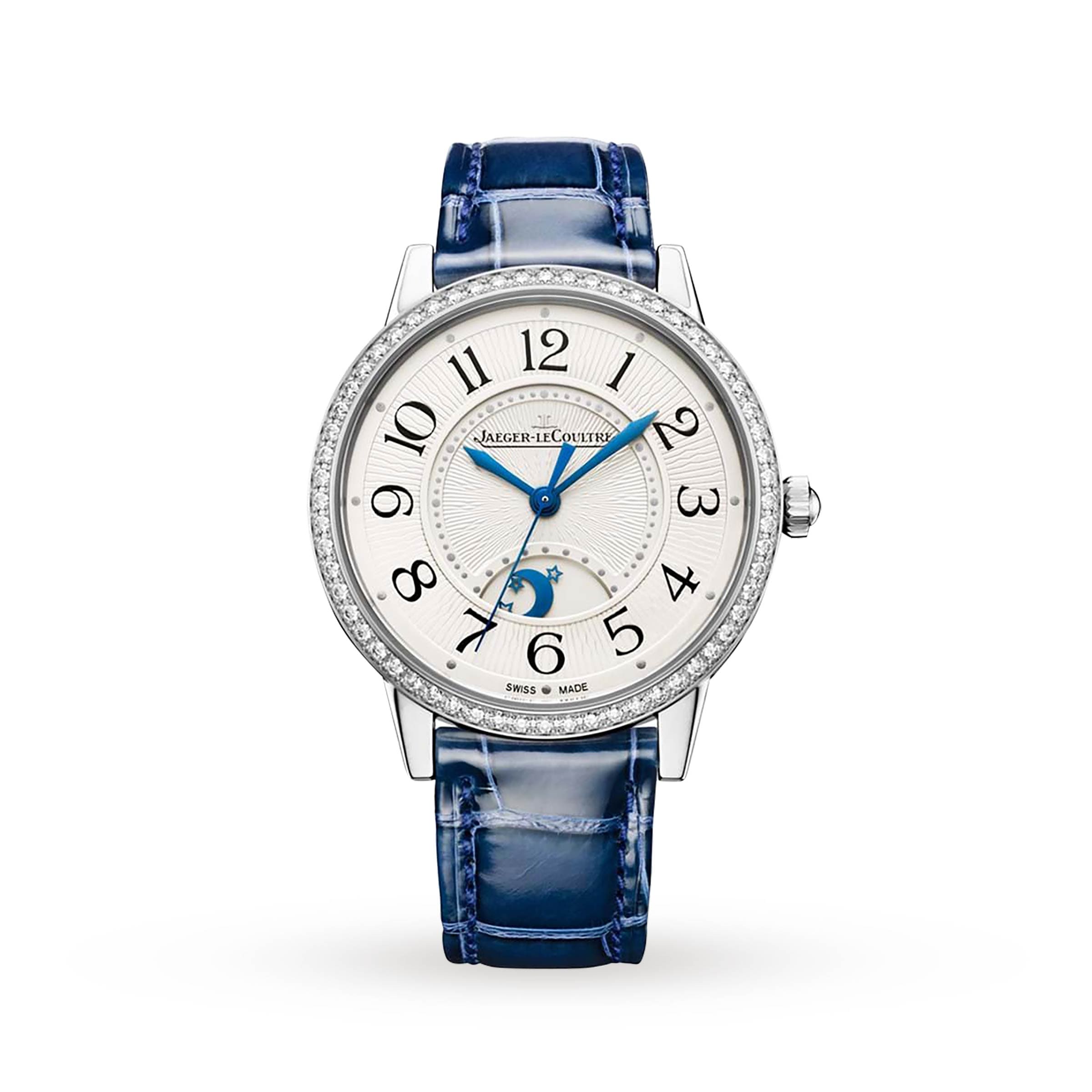 The Jaeger-LeCoultre Rendez-Vous Night & Day is a luxury women's watch with a blue leather strap, diamond-set bezel, silver dial with Arabic numerals, blue hands, and a moon phase subdial above 6 o’clock.