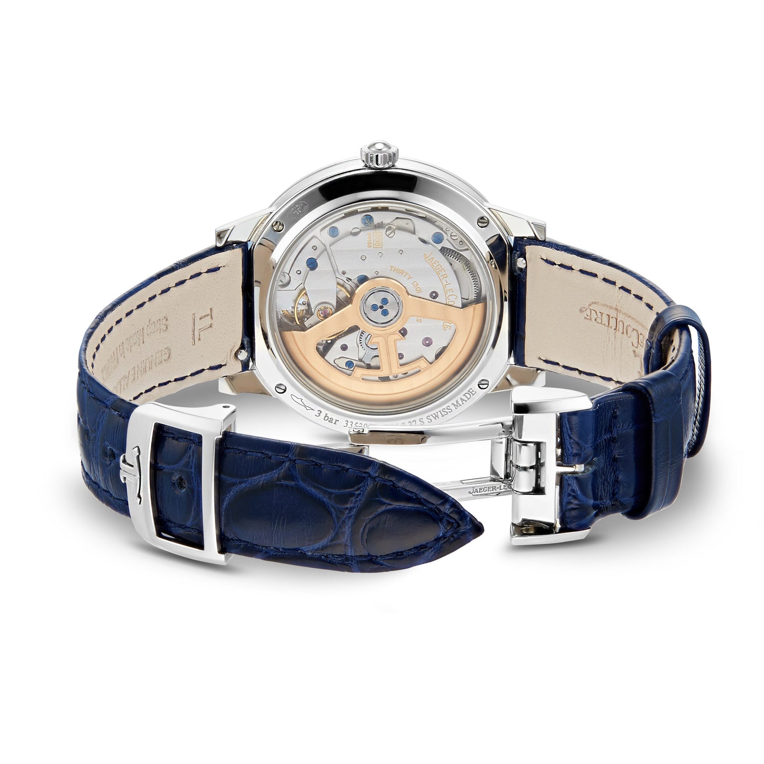 The Jaeger-LeCoultre Rendez-Vous Night & Day women’s watch features a blue leather strap, fine stitching, and a clasp, with its mechanical movement visible through the transparent case back.