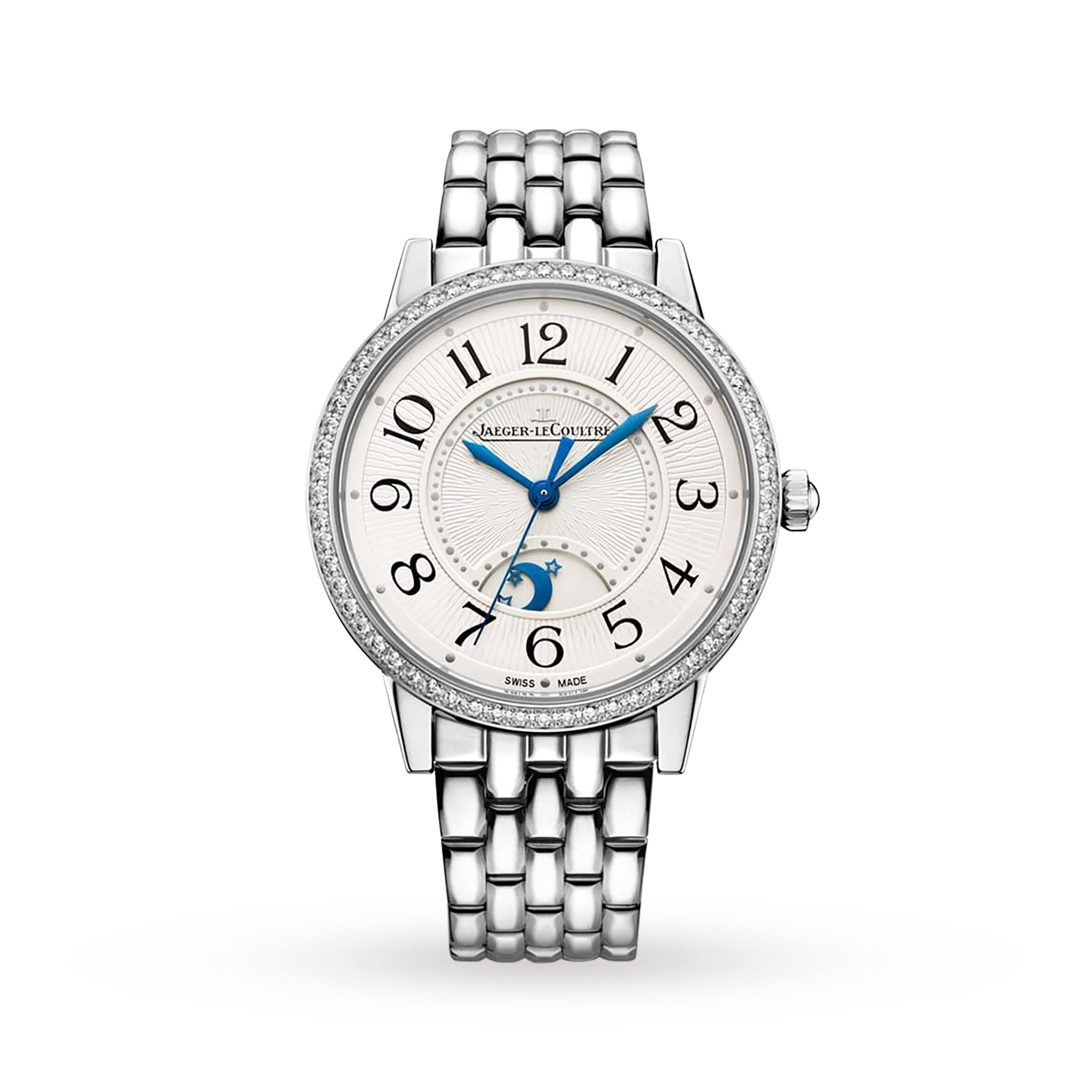 The Jaeger-LeCoultre Rendez-Vous Night & Day is a luxury women's watch with a round diamond-set bezel, silver link bracelet, blue hands, moon phase at 6 o’clock, and classic black numerals on a white dial.