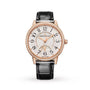 The Jaeger-LeCoultre Rendez-Vous Night & Day is a luxury women’s watch with a black leather strap, pink gold diamond case, and white dial featuring bold numerals, seconds subdial, and the iconic brand name.