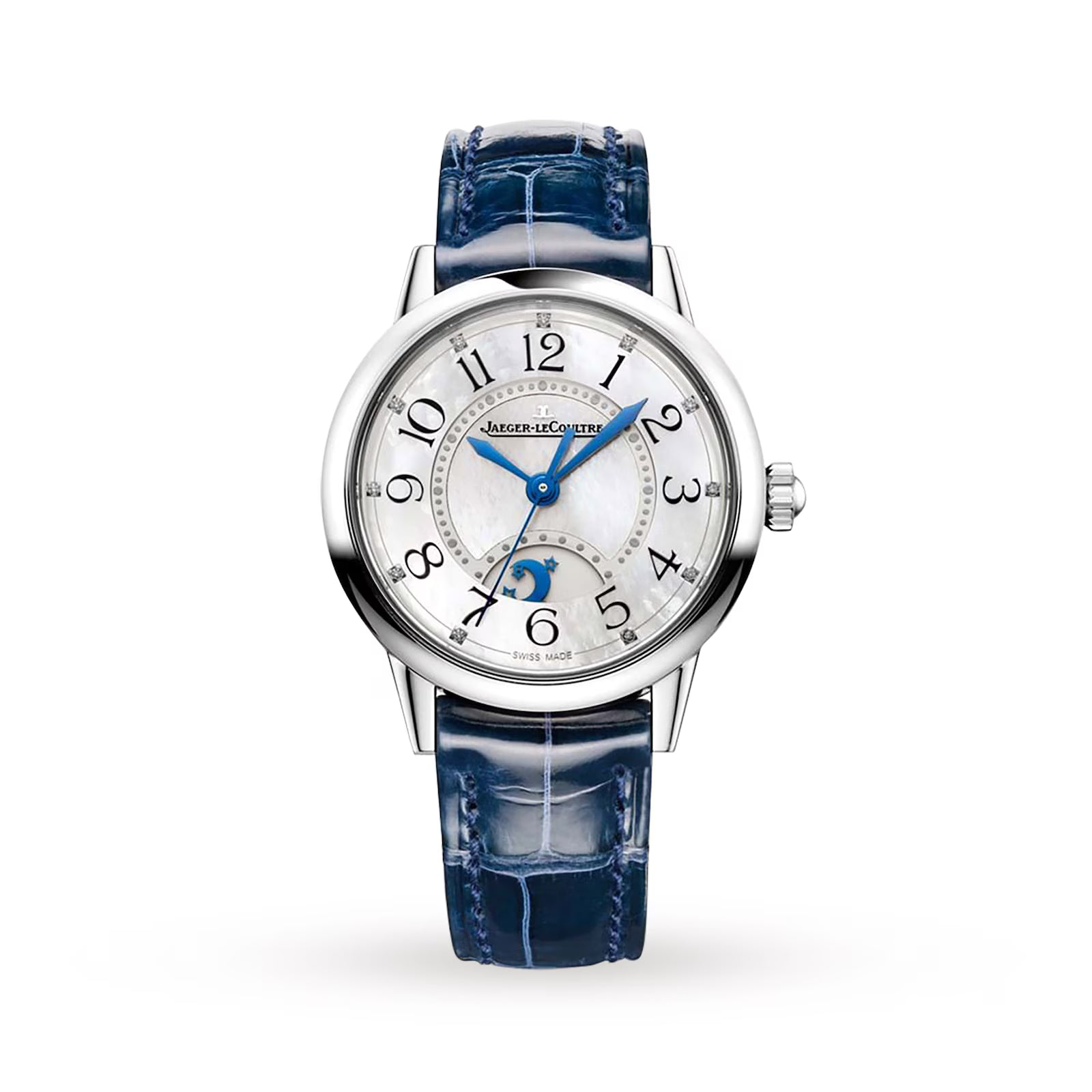 The Jaeger-LeCoultre Rendez-Vous Night & Day women's watch features a round silver case, white dial with blue hands and Arabic numerals, a moon phase at 6 o’clock, and a shiny blue leather strap.