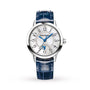 The Jaeger-LeCoultre Rendez-Vous Night & Day women's watch features a round silver case, white dial with blue hands and Arabic numerals, a moon phase at 6 o’clock, and a shiny blue leather strap.