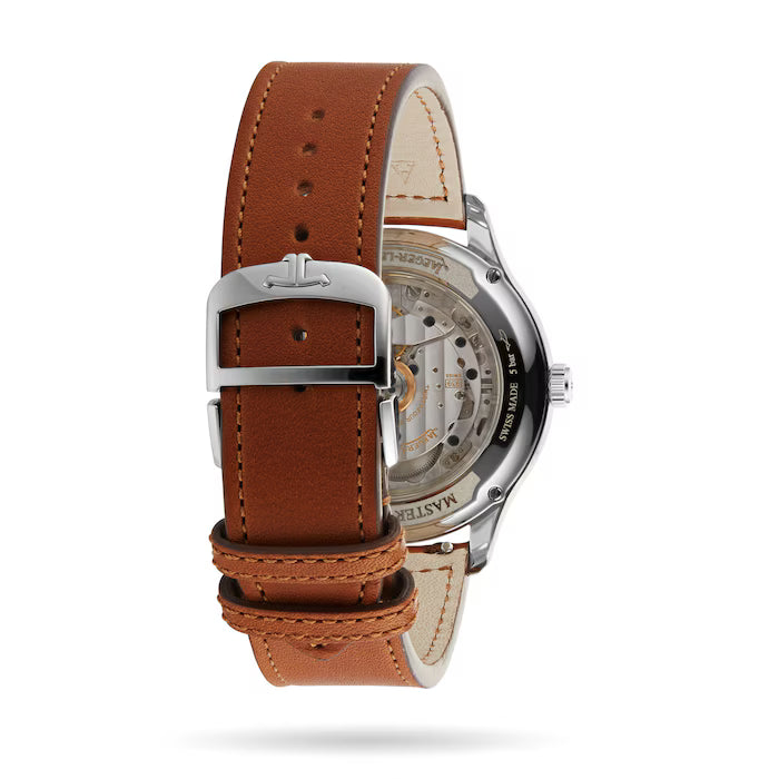 This Jaeger-LeCoultre Master wristwatch features a brown leather strap with a silver buckle. The transparent case back reveals the stainless steel timepiece’s intricate mechanical movement.