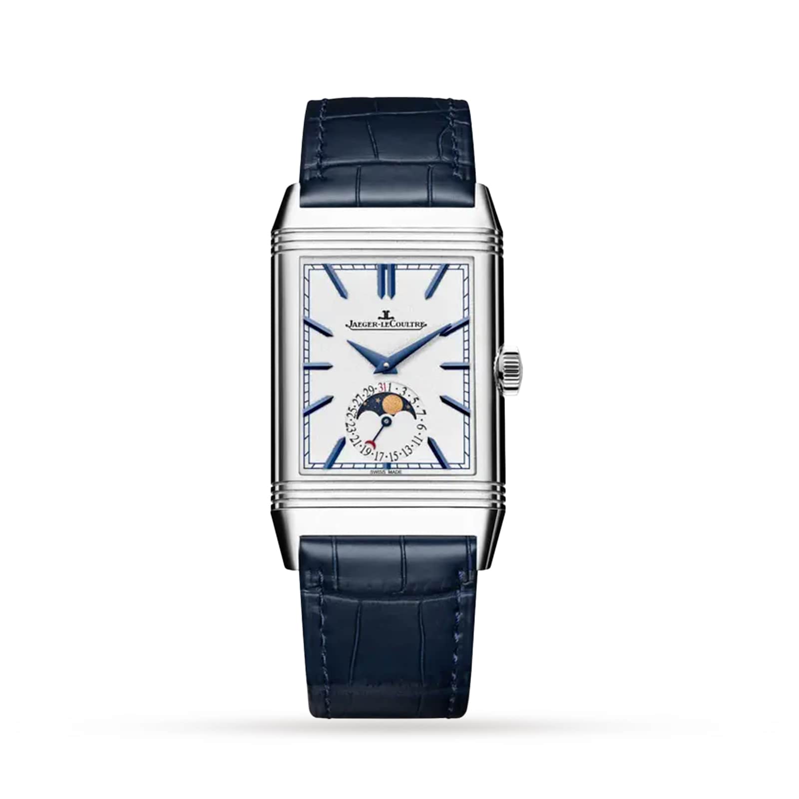 The Jaeger-LeCoultre Reverso Tribute Duoface Calendar is a luxury watch with a rectangular silver case, white dial, blue markers and hands, a moon phase at 6 o’clock, and a dark blue leather strap.