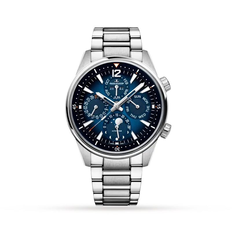 The Jaeger-LeCoultre Polaris Perpetual Calendar is a stainless steel wristwatch with a blue multi-function dial showing day, date, month, and moon phase. It features silver hour markers, hands, and a metal link bracelet.