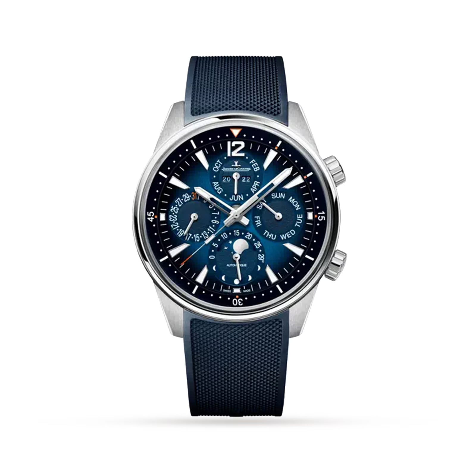 The Jaeger-LeCoultre Polaris Perpetual Calendar is a luxury wristwatch with a blue textured strap and dial, perpetual calendar subdials for date, day, and month, silver hour markers, and a stainless steel case against a white background.